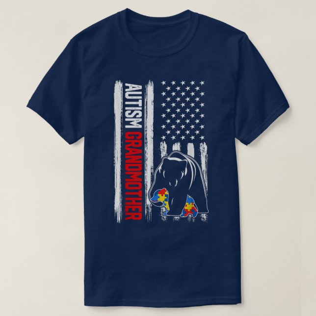 Retro Autism Grandmother Bear American Flag Awaren T-Shirt (Design Front)