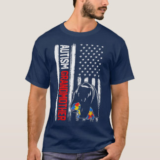 Retro Autism Grandmother Bear American Flag Awaren T-Shirt