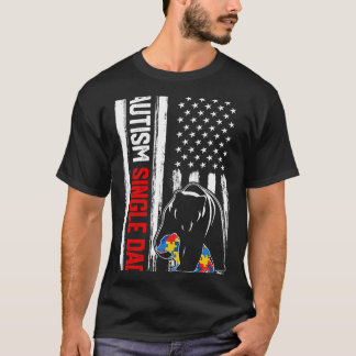 Retro Autism Single Dad Bear American Flag Awarene T-Shirt