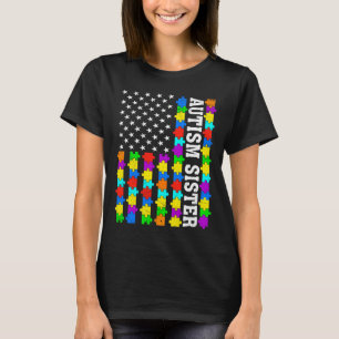 Retro Autism Sister American Flag Love Autism Awar T-Shirt