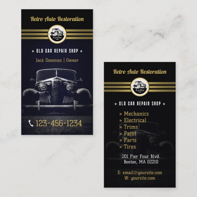Retro Auto Restoration | Repair Shop elegant Business Card (Front/Back)