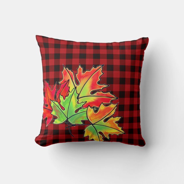 Retro Autumn Fall leaves red rustic black plaid    Cushion (Front)