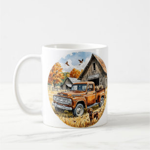 Retro Autumn Pickup and Hunting Dog, Fall Vintage, Coffee Mug