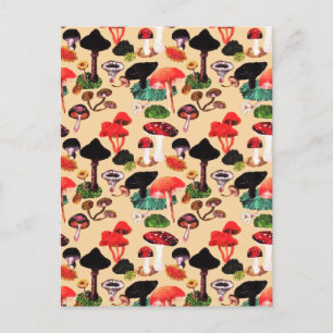 Retro Autumn Woodland Mushroom Watercolor Holiday Postcard