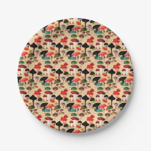 Retro Autumn Woodland Mushroom Watercolor Paper Plate