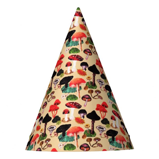 Retro Autumn Woodland Mushroom Watercolor Party Hat (Front)