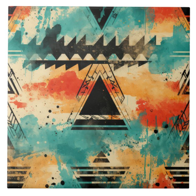 Retro Aztec pattern geometric abstract orange  Tile (Front)