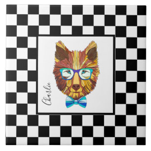 Retro B&W chequerboard, hipster bear, personalised Tile