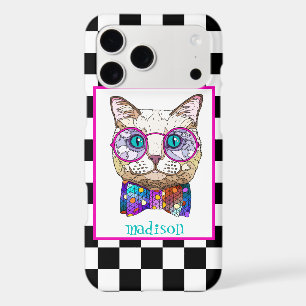Retro B&W Chequerboard, Hipster Cat, Personalised