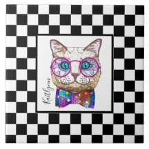 Retro B&W chequerboard, hipster cat, personalised