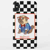 Retro B&W Chequerboard, Hipster Pug, Personalised