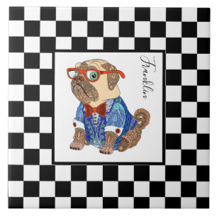 Retro B&W chequerboard, hipster pug, personalised Tile