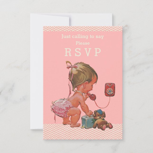 Retro Baby Girl on Phone Baby Shower RSVP (Front)
