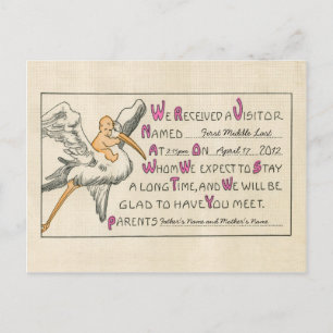 Retro Baby Girl & Stork Parents Birth Announcement Postcard