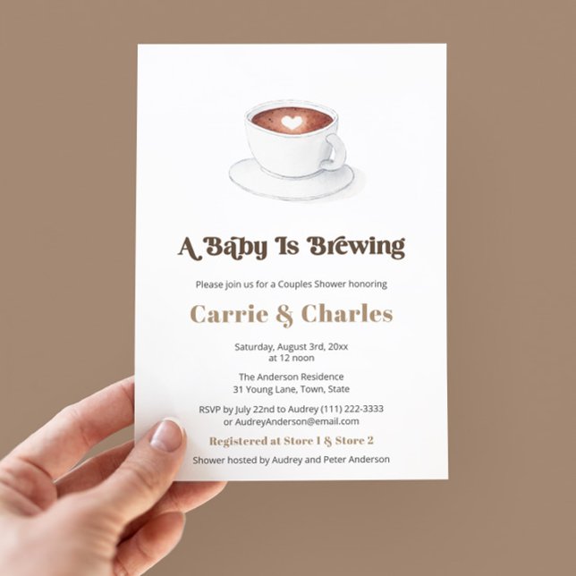 Retro Baby Is Brewing Coffee Couples Baby Shower Invitation (A Baby Is Brewing Trendy Retro Font Watercolor Coffee mug couples baby shower party invitations)