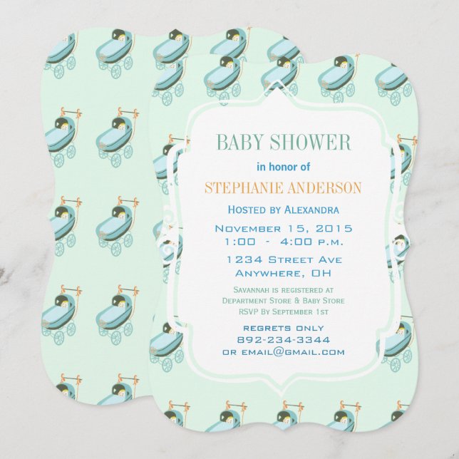 Retro Baby Mint Green Blue Coral Baby Buggy Shower Invitation (Front/Back)
