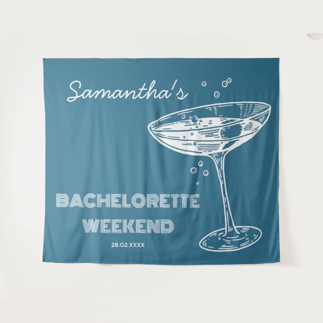 Retro Bachelorette Party Backdrop Boho Teal blue Tapestry (Front (Horizontal))