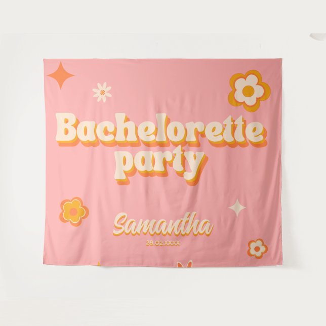 Retro Bachelorette Party Backdrop Groovy 70s Fun Tapestry (Front (Horizontal))