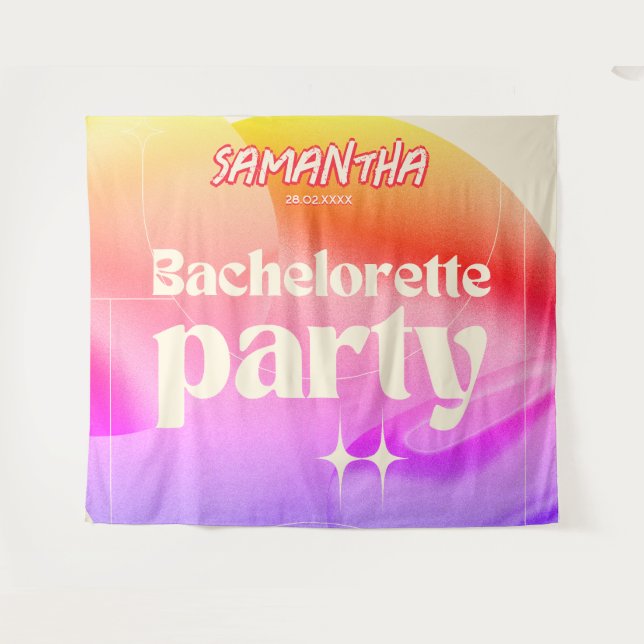 Retro Bachelorette Party Backdrop Groovy 70s Pink Tapestry (Front (Horizontal))