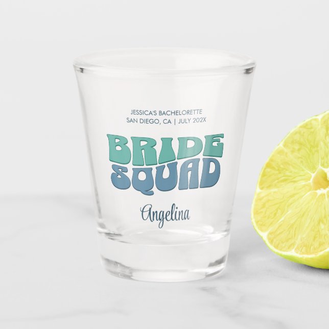 Retro Bachelorette Party Bride Squad Bridesmaid Shot Glass (Front)