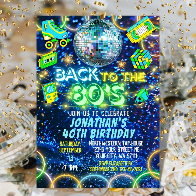 Retro Back to 80s Colourful Neon Glow Birthday Invitation (Creator Uploaded)