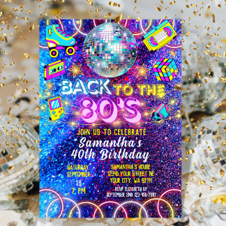 Retro Back to 80s Colourful Vivid Neon Glow Party Invitation