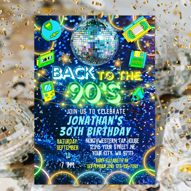 Retro Back to 90s Blue Green Neon Glow Birthday Invitation (Creator Uploaded)