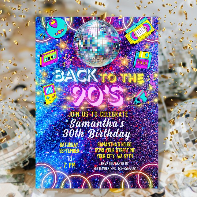 Retro Back to 90s Colourful Vivid Neon Glow Party Invitation (Creator Uploaded)