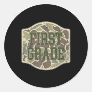 Retro Back To School Boys Old Camo First Grade Fir Classic Round Sticker