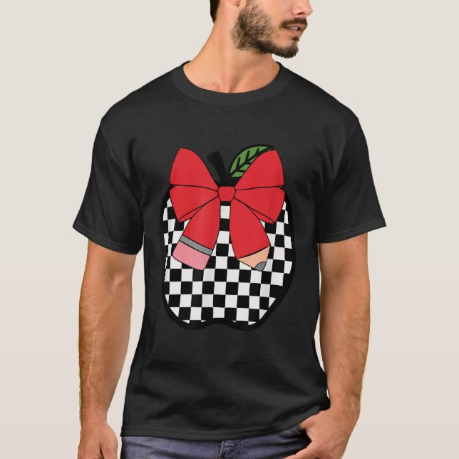Retro Back To School Teacher Race Chequered Pencil T-Shirt (Front)