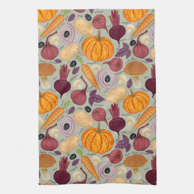 Retro background from fresh vegetables tea towel (Vertical)