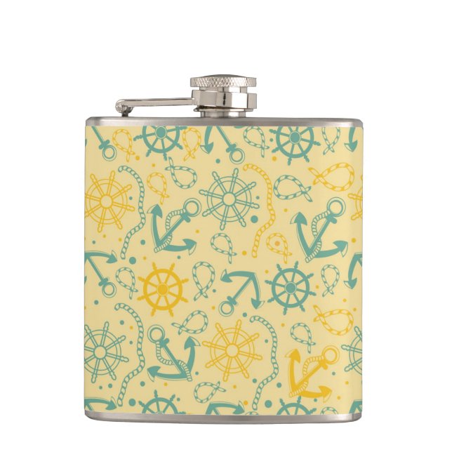 Retro background with anchor, ropes hip flask (Front)