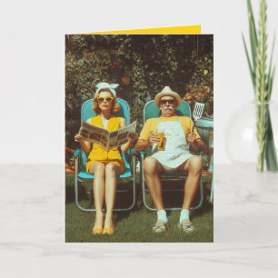 Retro Backyard BBQ Scene with Stylish Couple Card
