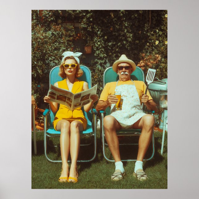 Retro Backyard BBQ Scene with Stylish Couple Poster (Front)