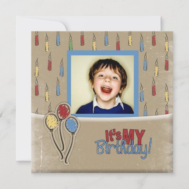 retro balloons boy photo birthday invitations (Front)