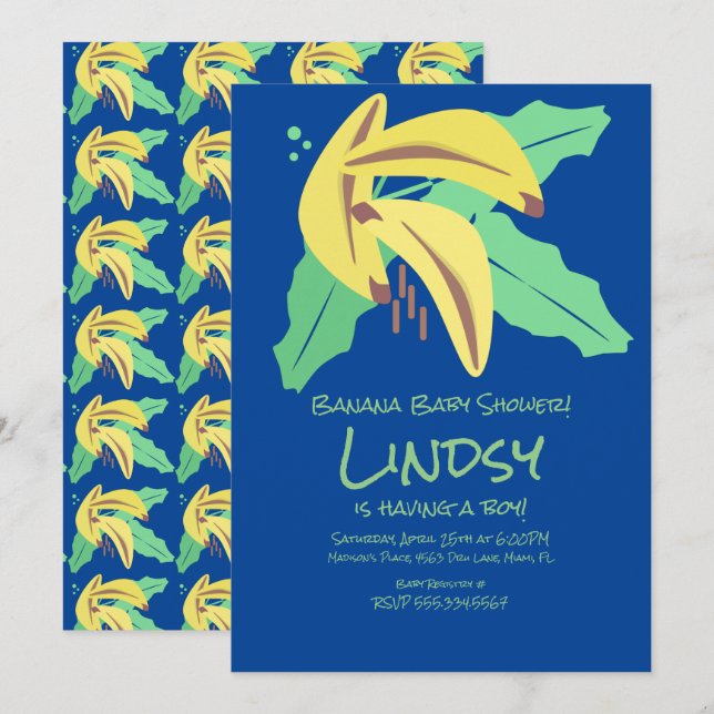 Retro Banana Blue Boy Baby Shower Invitation (Front/Back)
