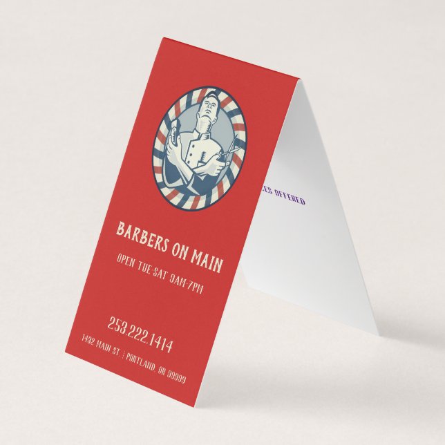 Retro Barber Badge Vertical  Tent Business Card (Front)
