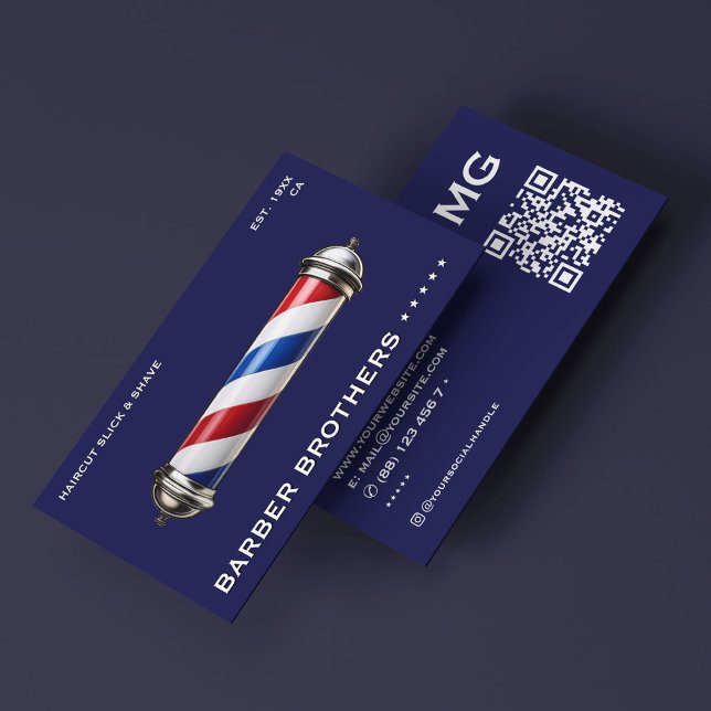 Retro Barber Pole Navy Barbershop Modern  Business Card (Retro Barber Pole Navy Barbershop Modern Business Card
)