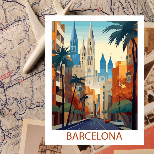 Retro Barcelona Vintage Travel Illustration Postcard (Creator Uploaded)