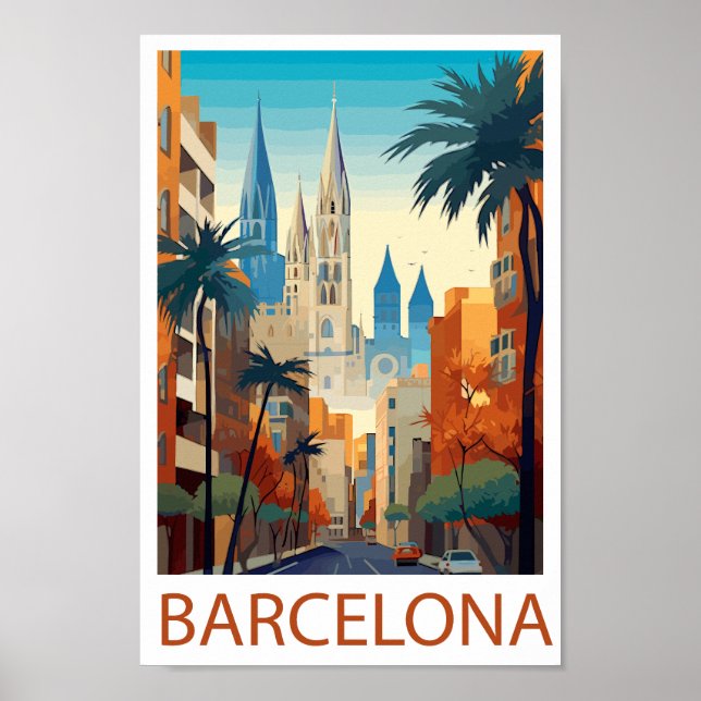Retro Barcelona Vintage Travel Illustration Poster (Front)