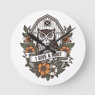 Retro barn owl 'I give a hoot' design Round Clock