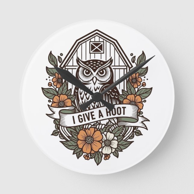 Retro barn owl 'I give a hoot' design Round Clock (Front)
