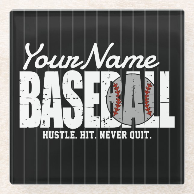 Retro Baseball ADD NAME Pinstripe Team Player Glass Coaster (Front)