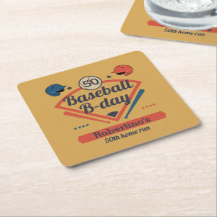 Retro Baseball B-Day Men's 50th Birthday Square Paper Coaster