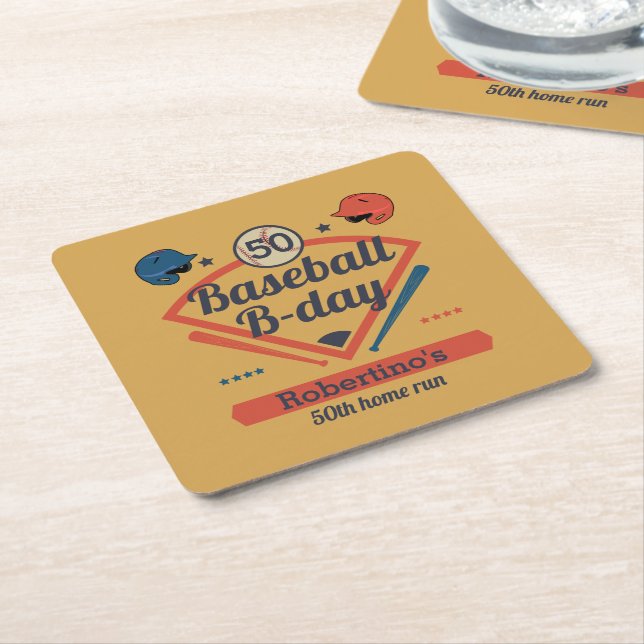 Retro Baseball B-Day Men's 50th Birthday Square Paper Coaster (Angled)