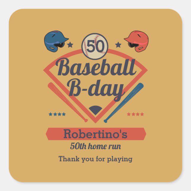 Retro Baseball B-Day Men's 50th Birthday Square Sticker (Front)