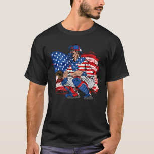 Retro Baseball Catcher USA Flag Independence Day 4 T-Shirt