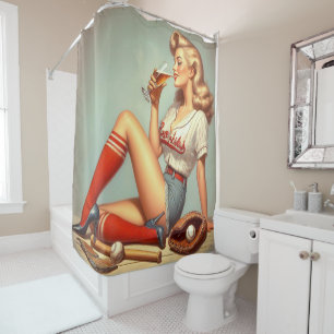 Retro Baseball Girl Painting Shower Curtain