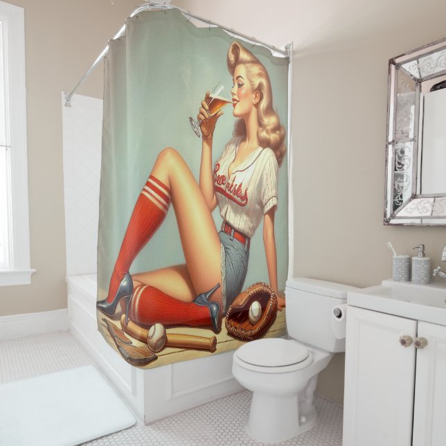 Retro Baseball Girl Painting Shower Curtain (In Situ)