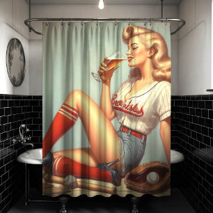 Retro Baseball Girl Painting Shower Curtain